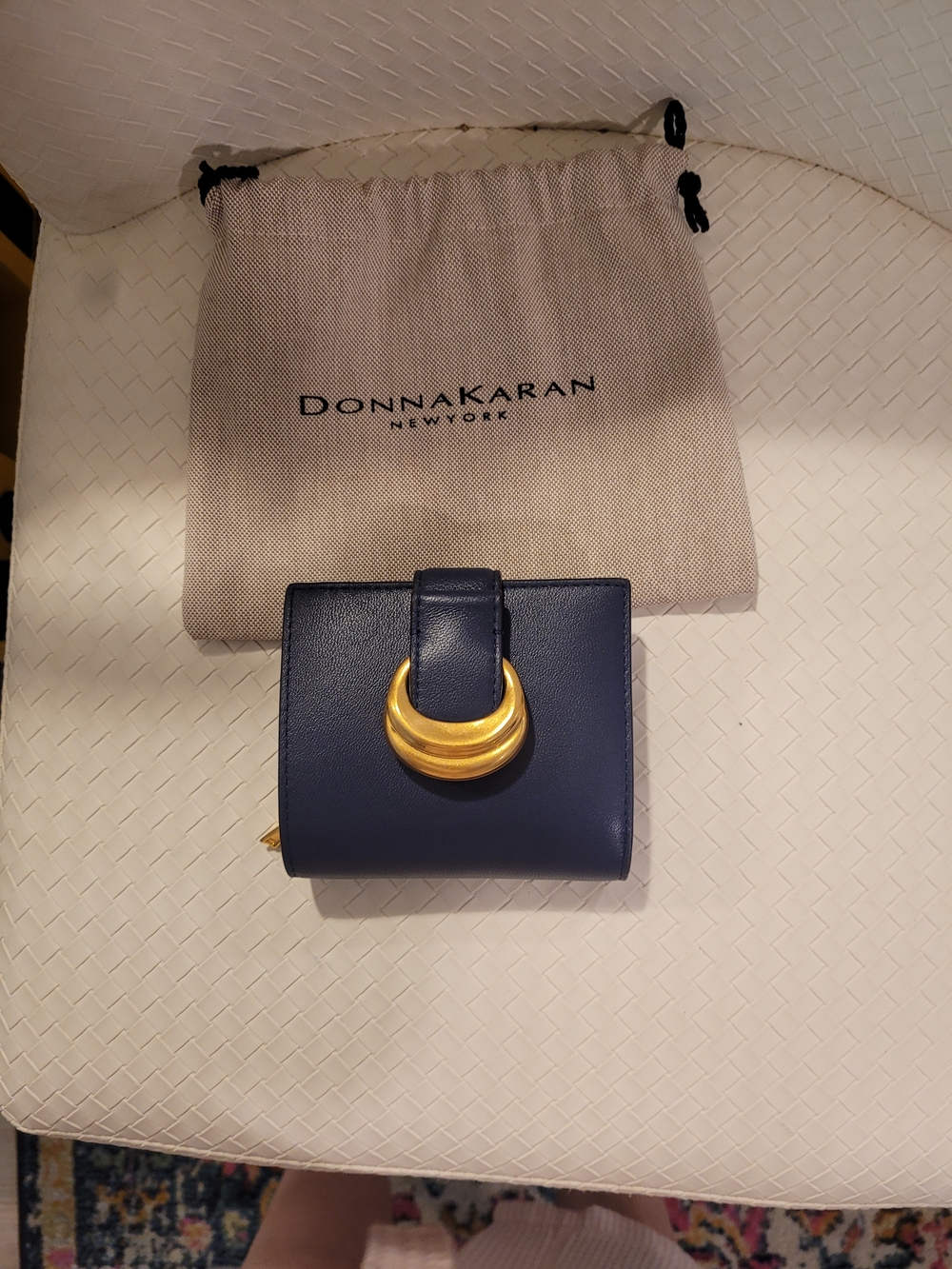 Donna Karan Navy Leather Card Holder with Gold Crescent Accent
